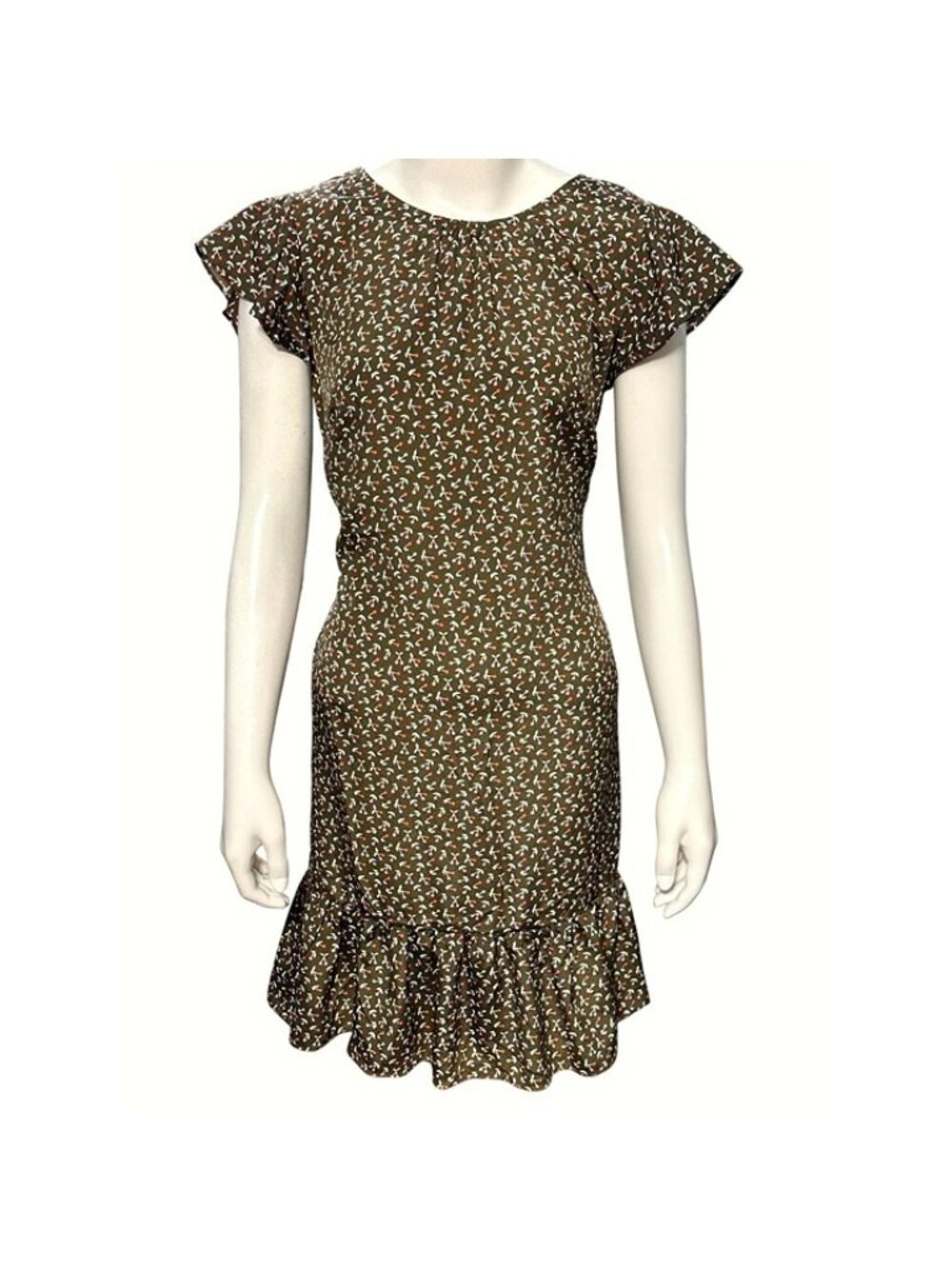 Floral Green Medium Ruffle Hem Short Sleeve Shift Dress Casual Cottagecore Pleat